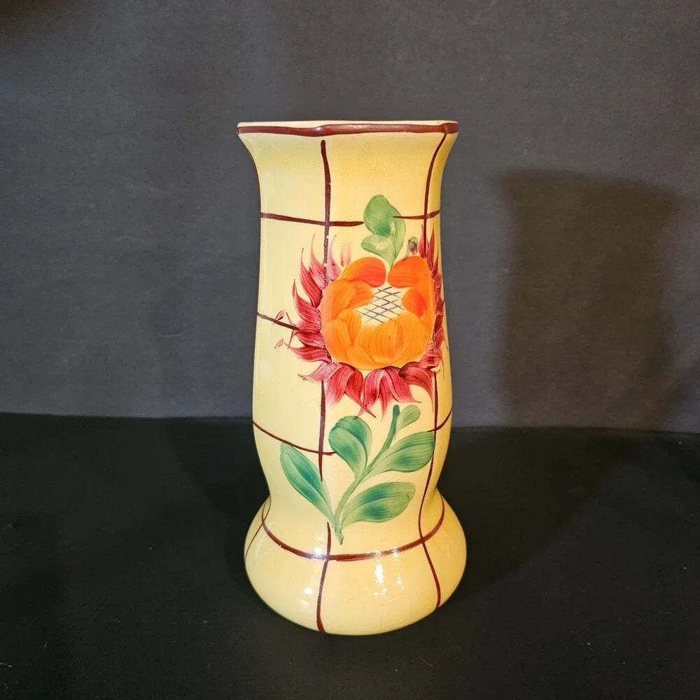 Vtg Handpainted Czech Pottery Vase, Yellow Orange Red Flower 8 x 4 in Art Deco